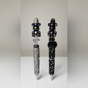 Handmade Y2K Rhinestone Beaded Pens Iridescent Bear Goth Glam Black & Grey